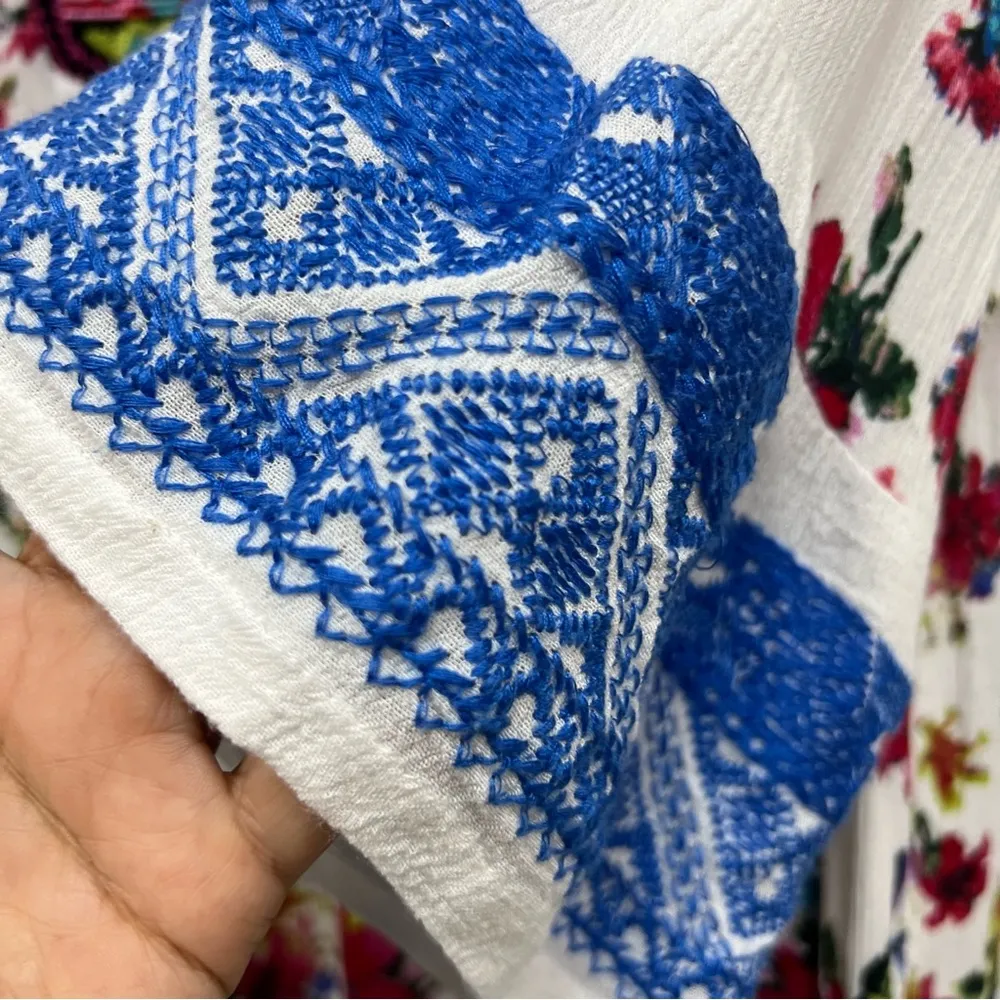 Calessa S Embroidery Split V Neck Tunic Top Floral White Multicolor Boho FLAWED - Image 3