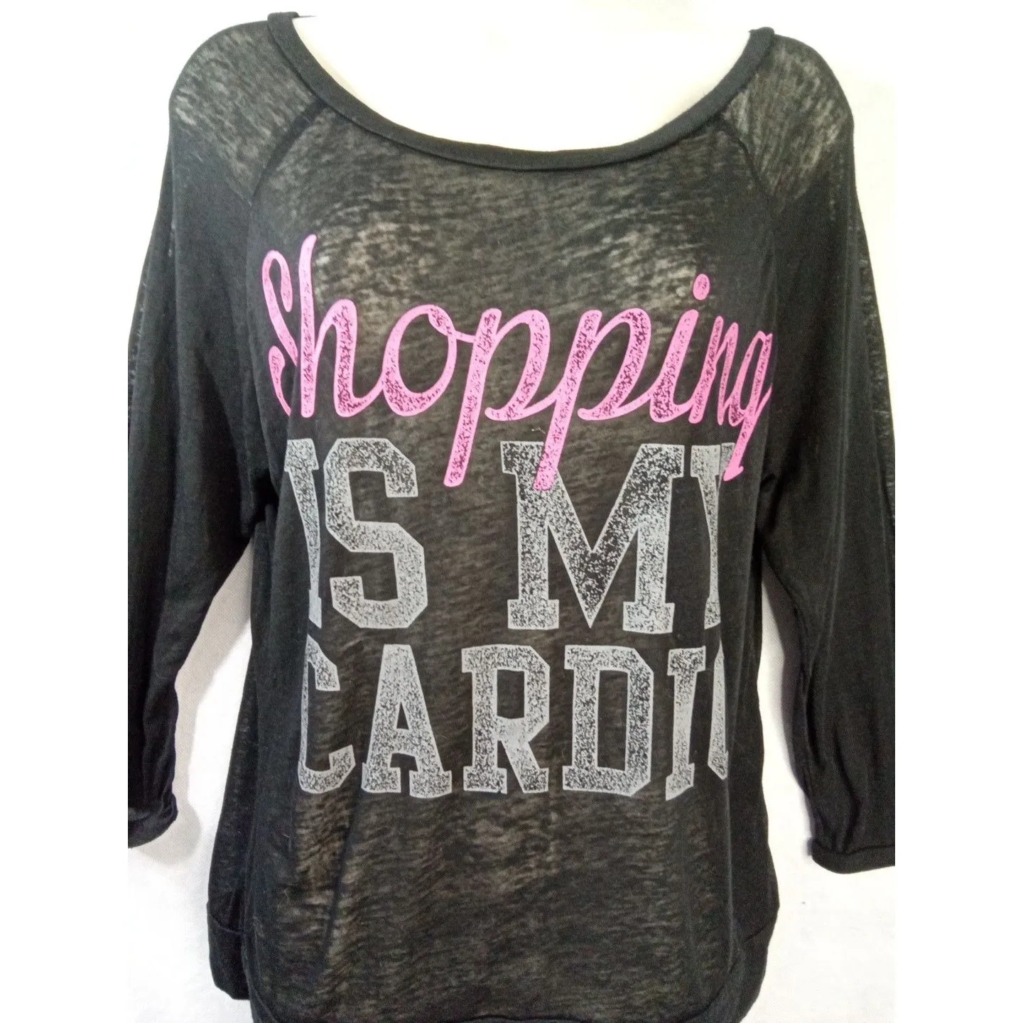 Chin Up‎ Women Medium Black Pink White sheer 3/4 sleeve Round Neck - Image 2