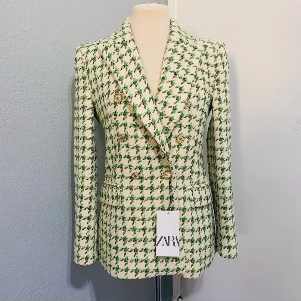 Zara Woman Textured Double-breasted Blazer Flap Pockets Jacket Ecru Green Size S - Image 8