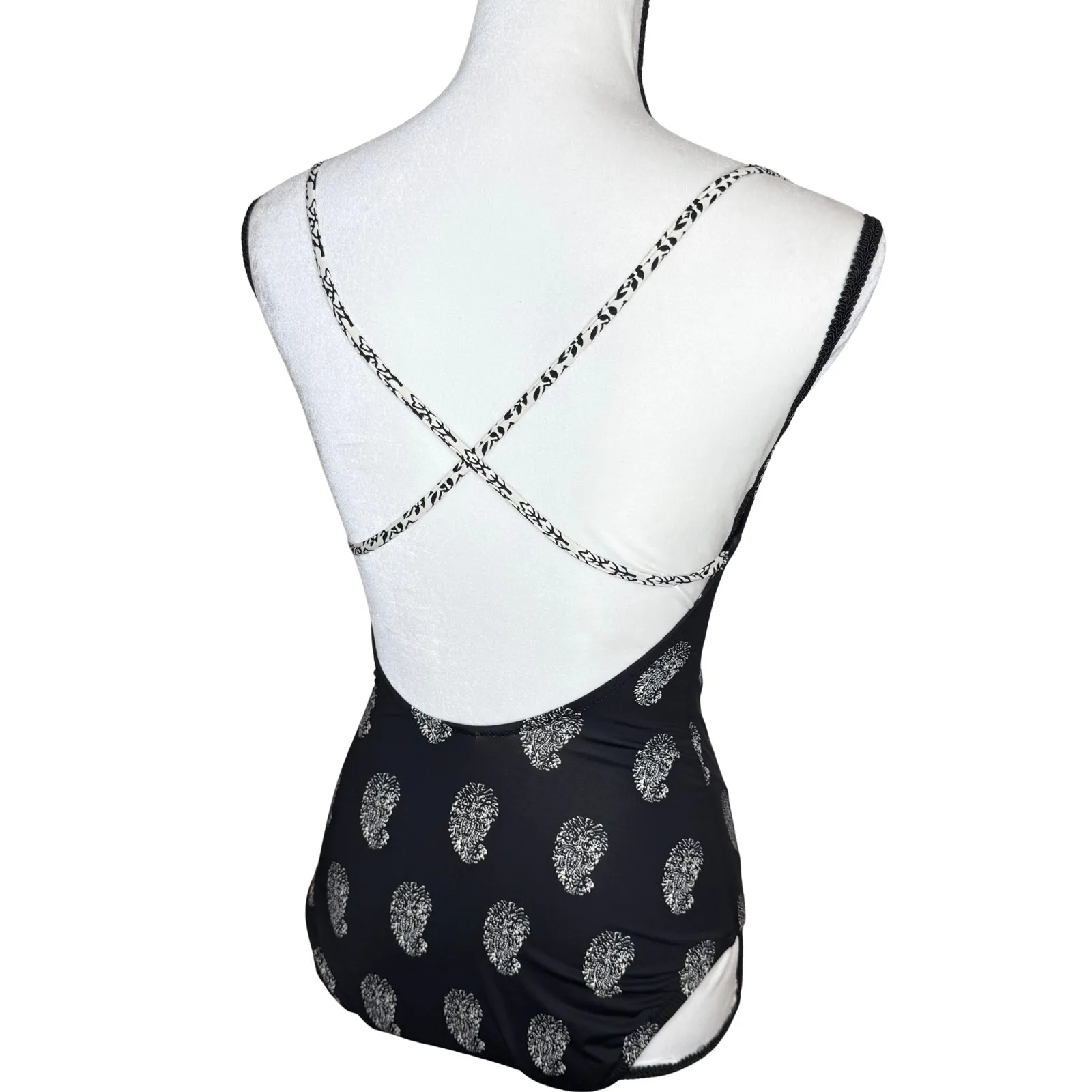 Madewell Paisley Print Cross-Back One Piece Swimsuit Size 4 Tanksuit Black White - Image 10