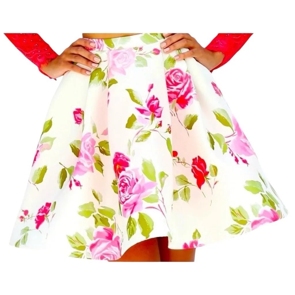 Sherri Hill White Floral Rose Print Fit & Flare Skirt 50563 Designer Size 0 EUC - Image 3