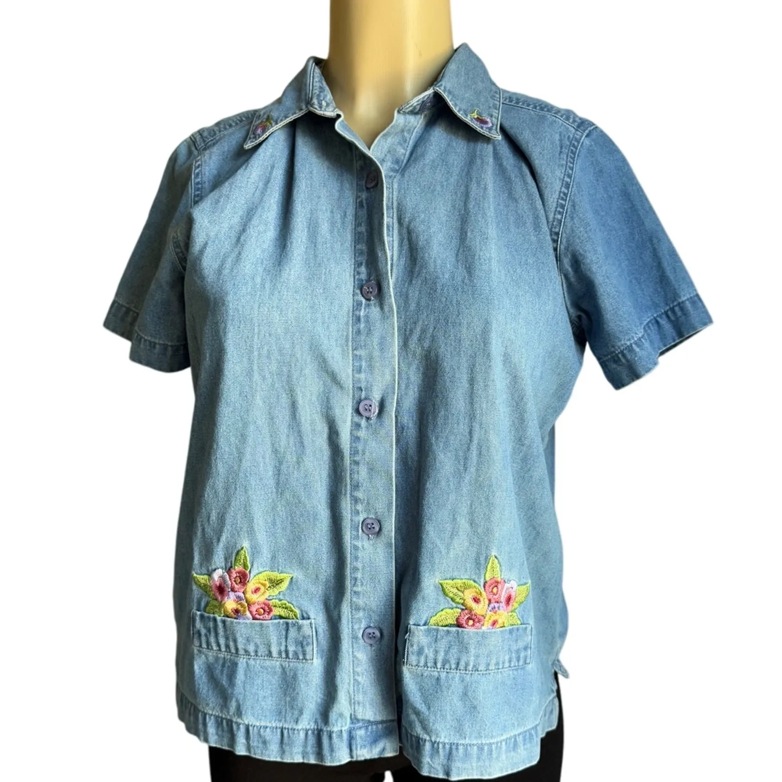 Vintage Lemon Grass Denim Shirt Jacket Embroidered Floral Women's PM NWT Blue Size M - Image 2