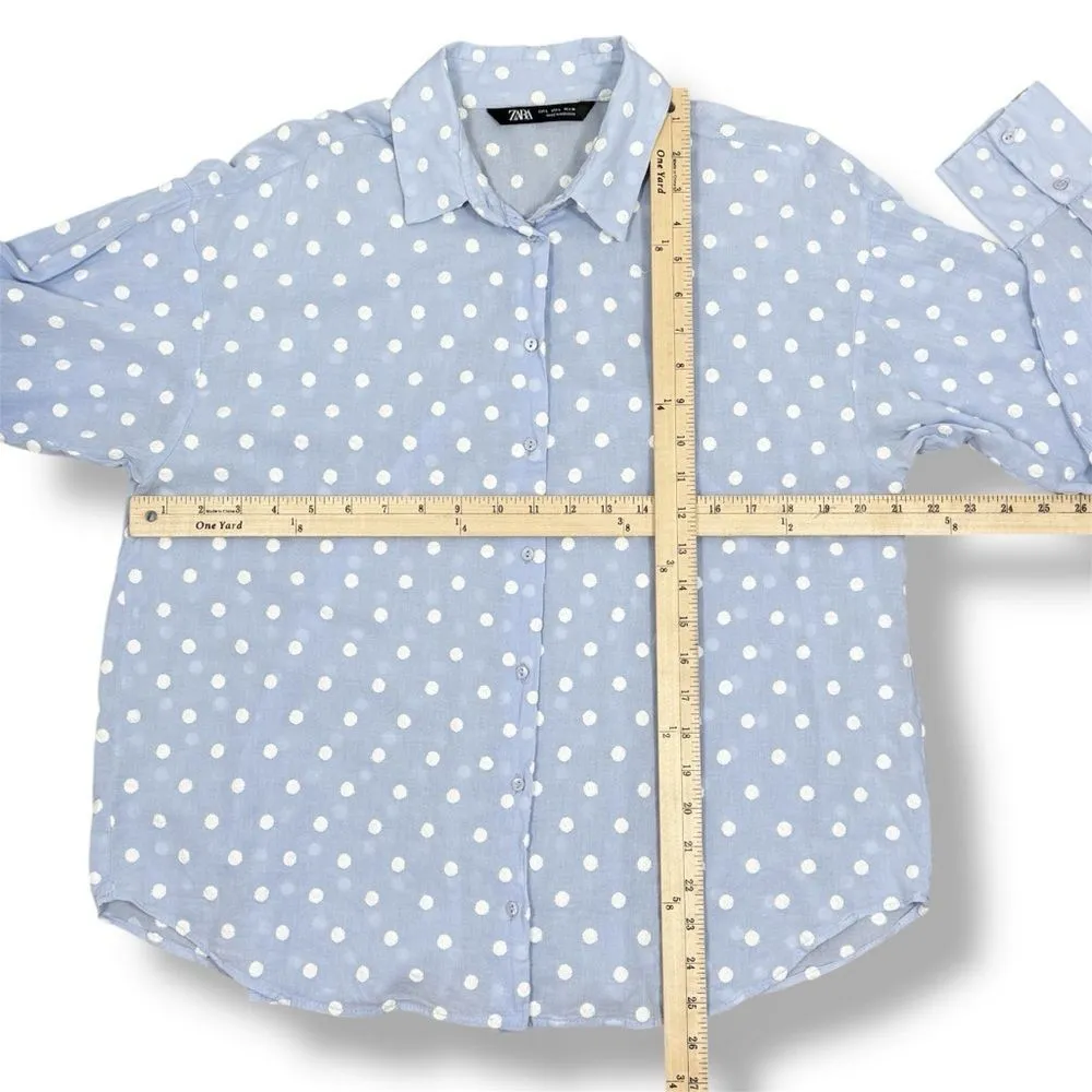 ZARA  Gauze‎ Embroidered Polka Dot Button Up Shirt Blue White Large - Image 10