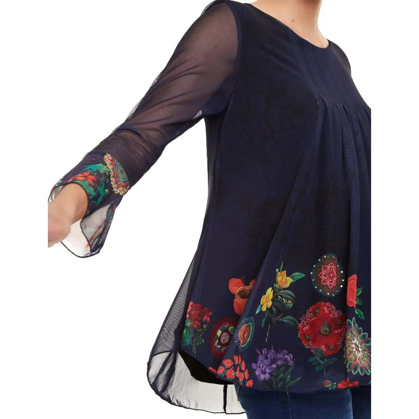 Desigual Rachel Shirt Blouse Women S Dark Blue Mesh Floral Dark Fairy Whimsygoth - Image 7