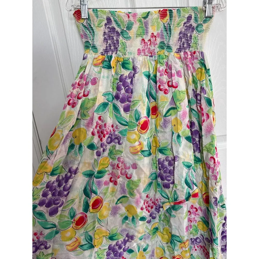 Vintage unbranded Floral fruit wrap smocked waistband midi skirt medium White - Image 13