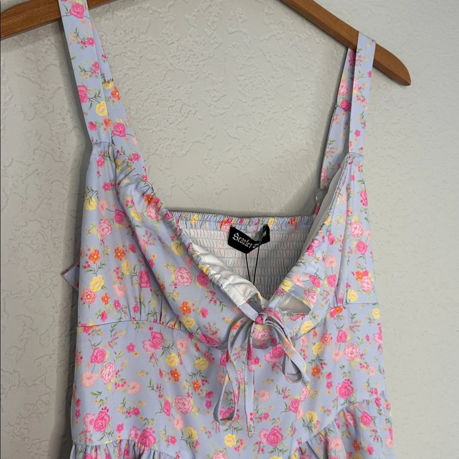 NEW Scarlet Darkness Lavender Floral Corset Mini Dress Smocked Back Spring Large Purple - Image 4