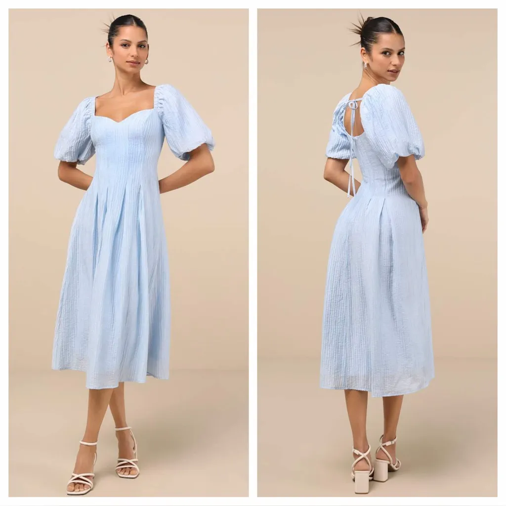 Lulus Heavenly Energy Blue Textured Puff Sleeve Pleated Midi
Dress - Image 2