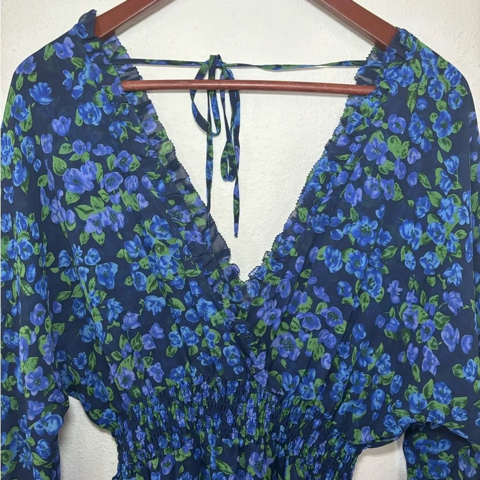 The Kooples Size 2 100% Silk Blue Floral Ruffle Dress Flowy Long Sleeve Cocktail - Image 5