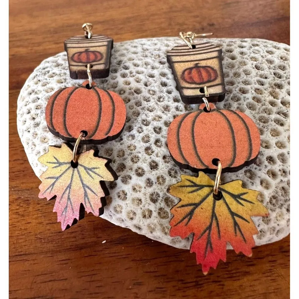 Pumpkin Latte Earrings Coffee Fall Leaves New Dangle Hooks Double Sided… - Image 4
