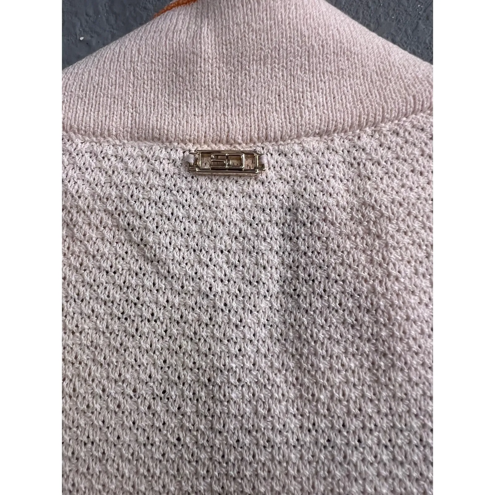 St John Sport Wool Blend Cream Pink Trim Knit Zip Up Jacket Cardigan Small‎ VTG Tan - Image 7