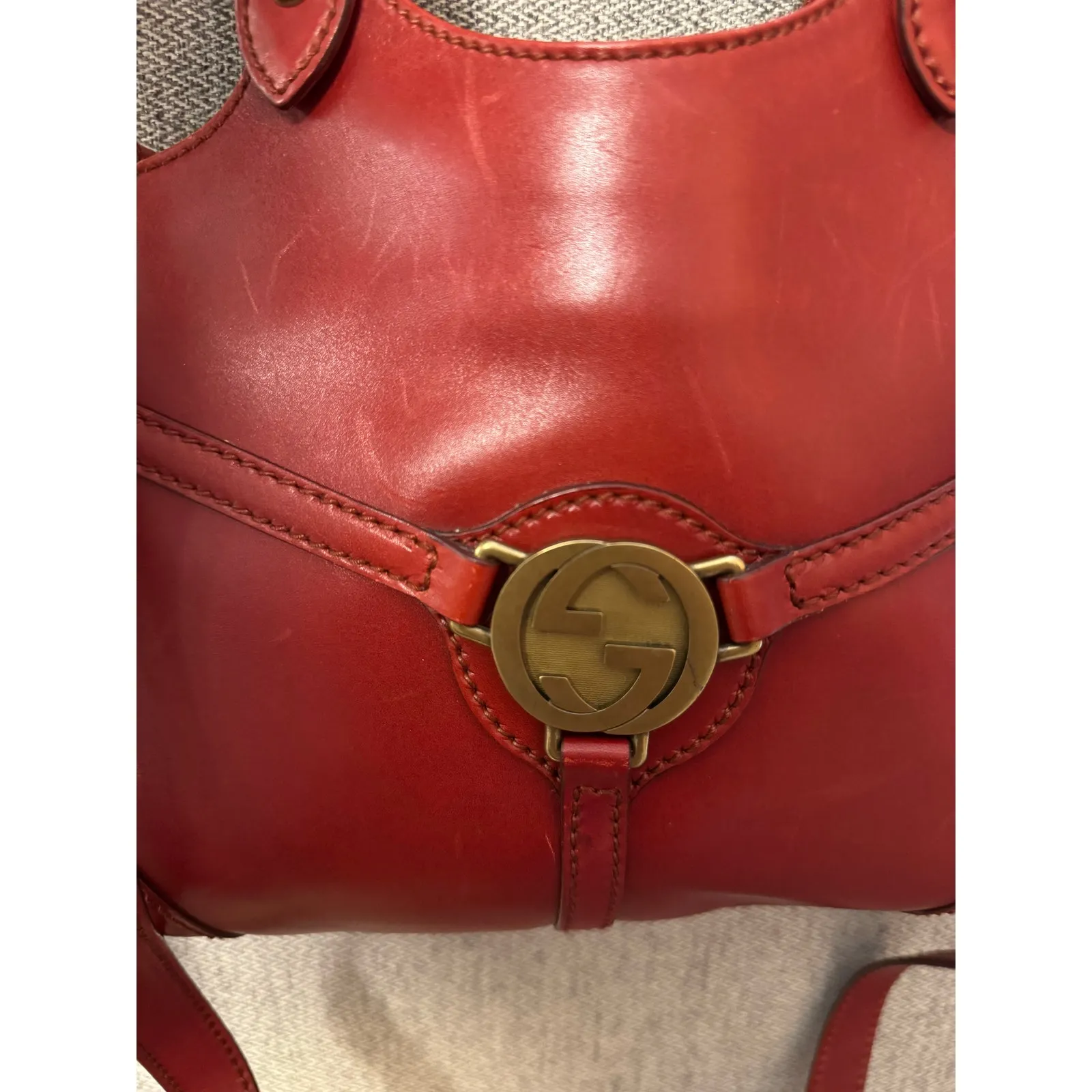 VTG Gucci Jackie Handbag Womens Red Calfskin Leather Top Handle Shoulder Strap - Image 3