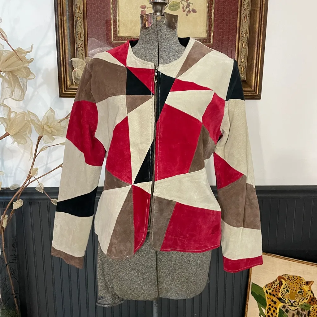 Vntg Karen Arnold Patchwork Leather Jacket Red Cream Colorblock Y2K - Image 4