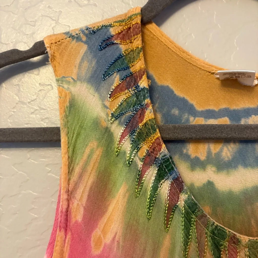 Women's tie dye embroidered palm tree sleeveless dress rayon free one size Yellow Size undefined - Image 4