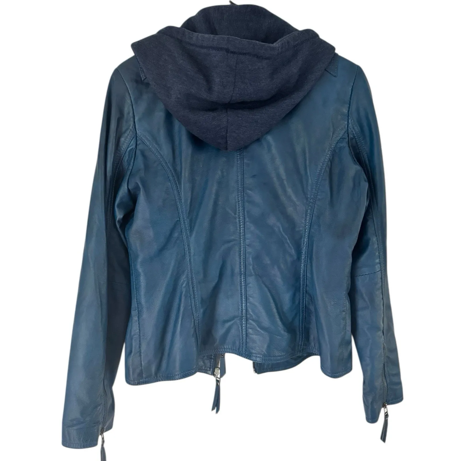 Sanovation Barcelona Blue 100% Sheep Skin Leather Bomber Jacket Women’s Small - Image 3