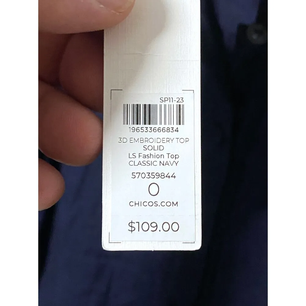 Chico's Floral Applique Blouse Womens 3D Embroidery Classic Navy Top Size S NWT - Image 6