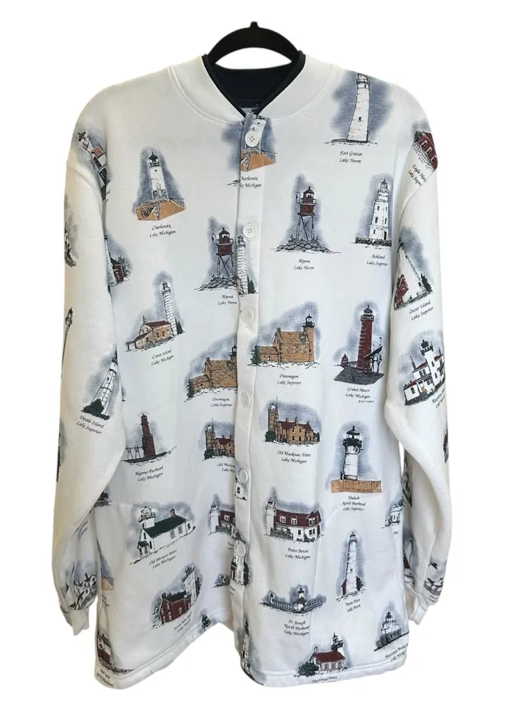 Vintage Nautical Lighthouse Fleece Button M/L Coastal Granny Cottagecore Sweater White Size undefined - Image 1