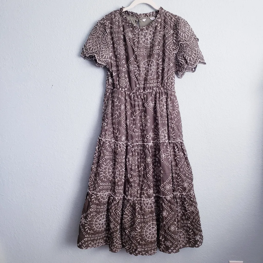 Baltic Born Mirabel Olive Green And White Embroidered Eyelet Midi Dress - Image 2