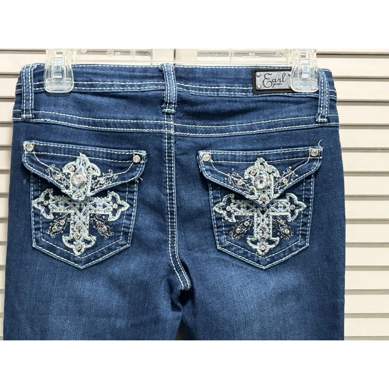 Earl Jeans Med Wash Low‎ Rise Skinny Bootcut Denim Jeans Size 1 Embroidered Gems Blue - Image 6
