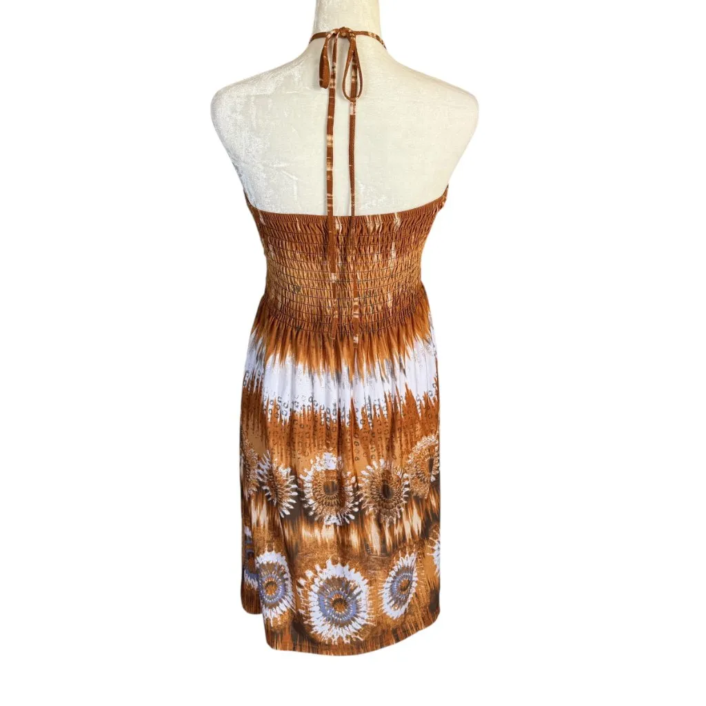 Paradise Contour brown white blue African print beaded tie dress size large - Image 4