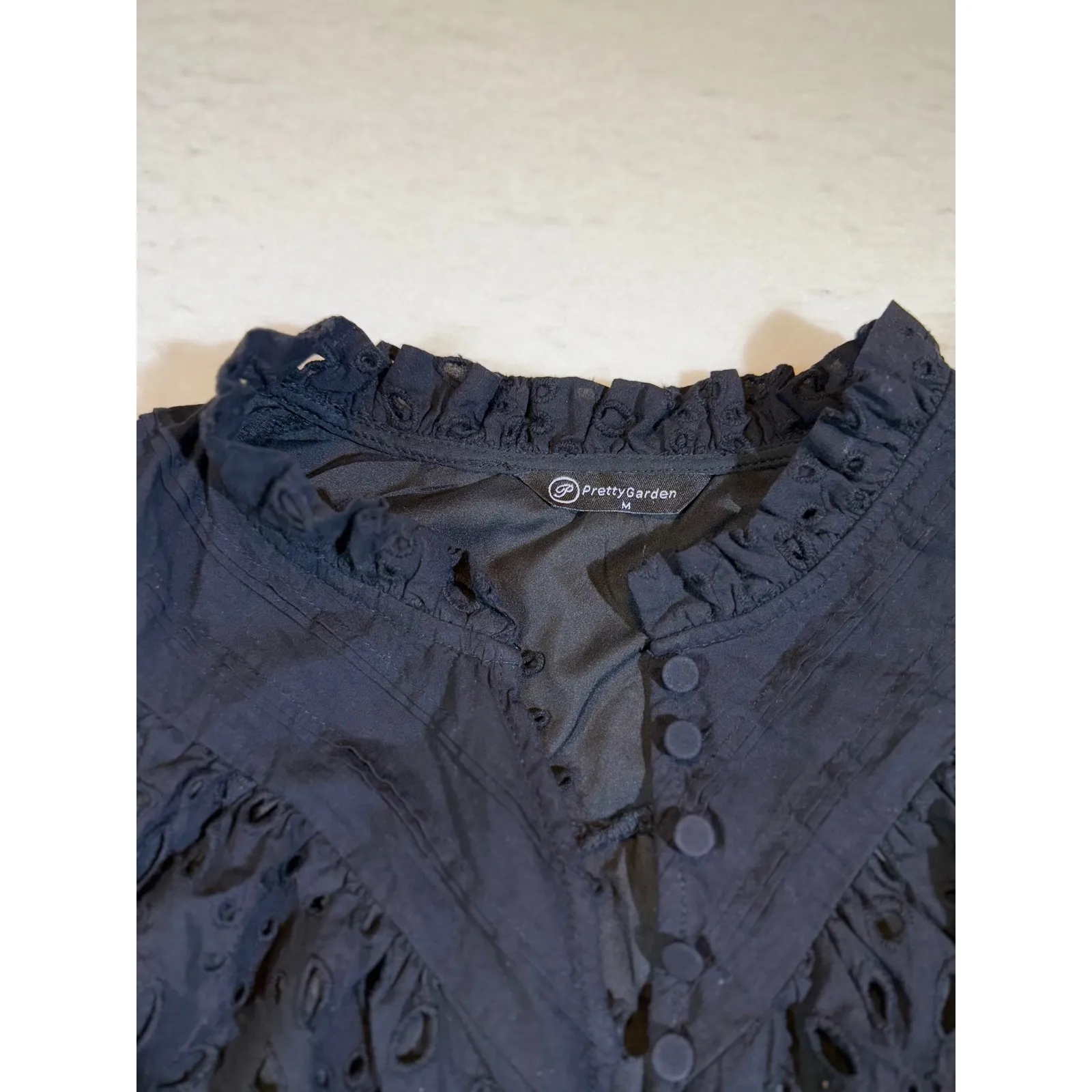 Pretty Garden Black Eyelet Puff Sleeve Ruffled Neck Button Up Blouse Top M Size M - Image 3