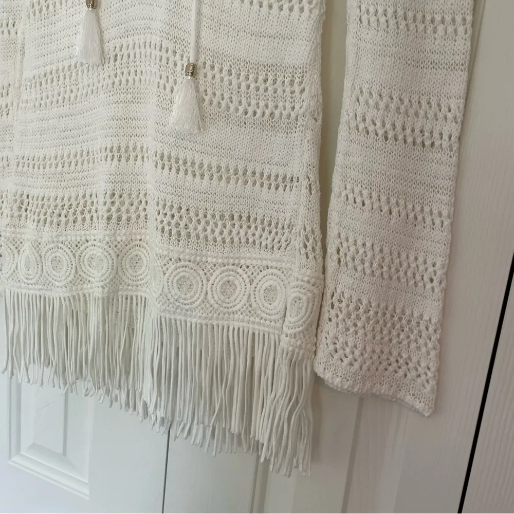White House Black Market Open Knit Tunic Sweater Swim Cover Sz XS Fringe Hem - Image 6