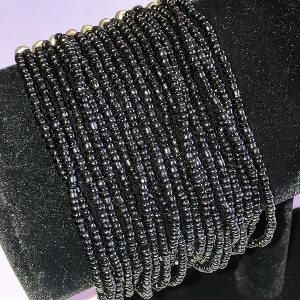 Silver Tone Black Seed Bead Boho Beaded Wide Stretchy Bracelet - Image 3