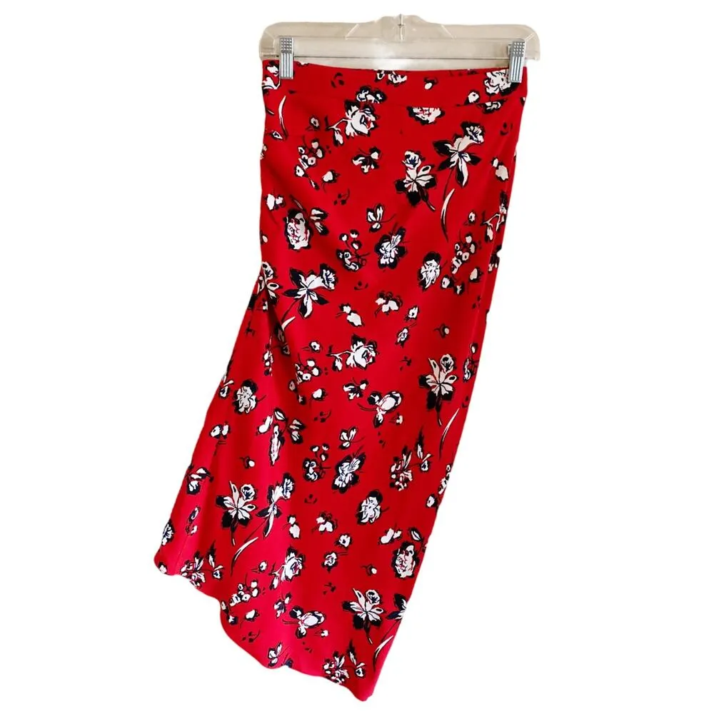 VERONICA BEARD Skirt Cheryl Red Floral Printed Ruched Midi Assymetric Hem 0 NWT - Image 4