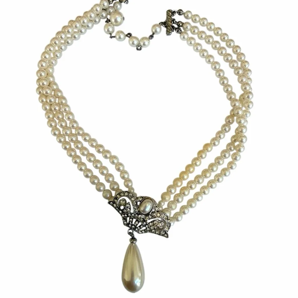 Three Strand Faux Pearl Necklace with Rhinestone Center & Drop - Image 9