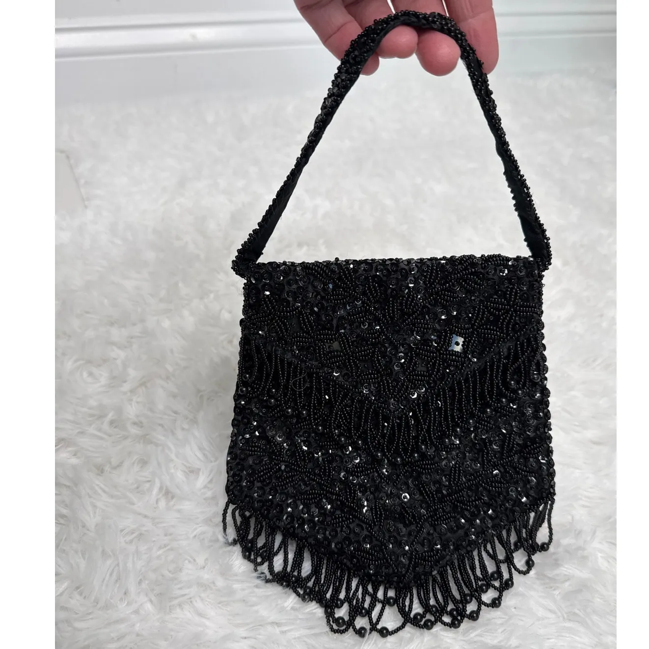Vintage Mademoiselle Handmade Beaded Black Evening Bag Hong Kong Purse - Image 10