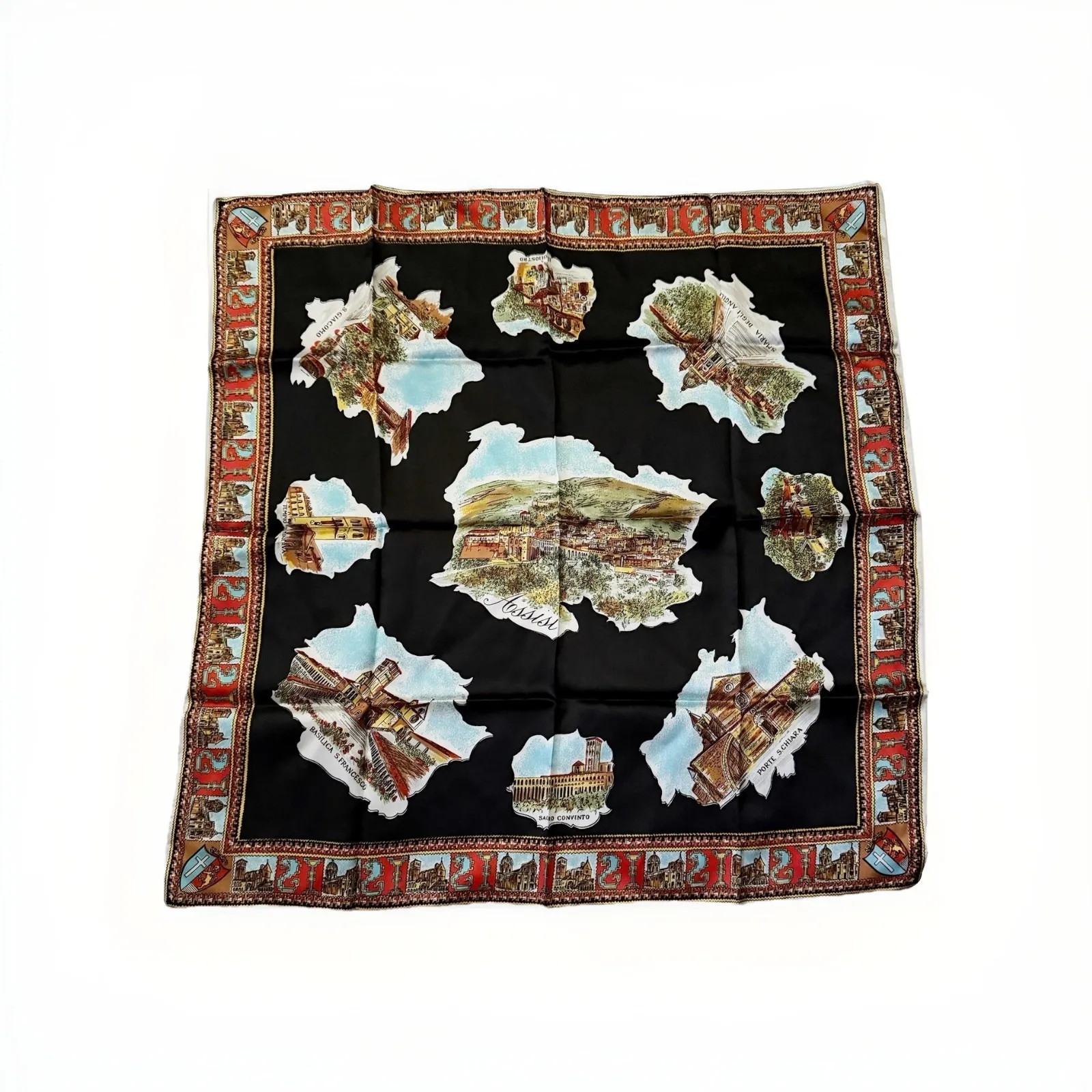 VTG Assisi Italy Souvenir Scarf 26x26" Square Black Tourist Map Landmark Print - Image 2