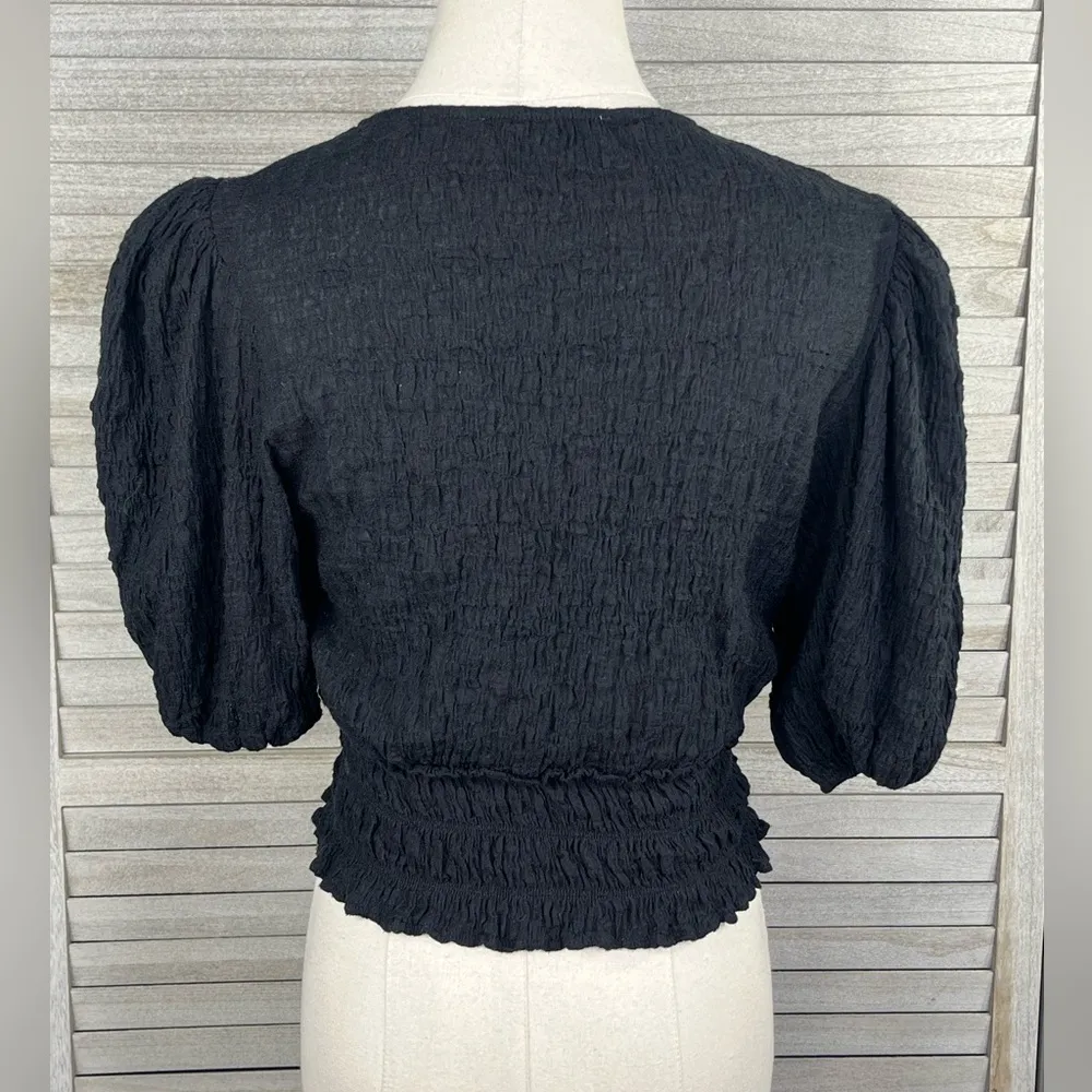 MANGO Cropped Gauzy Puff Sleeve Blouse Black-Small - Image 2