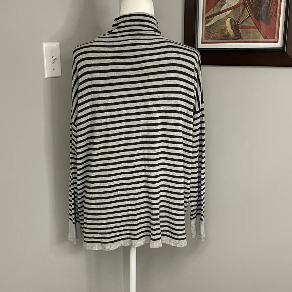 Eileen Fisher Black Gray White Striped Cowl neck drawstring pullover popover - Image 3