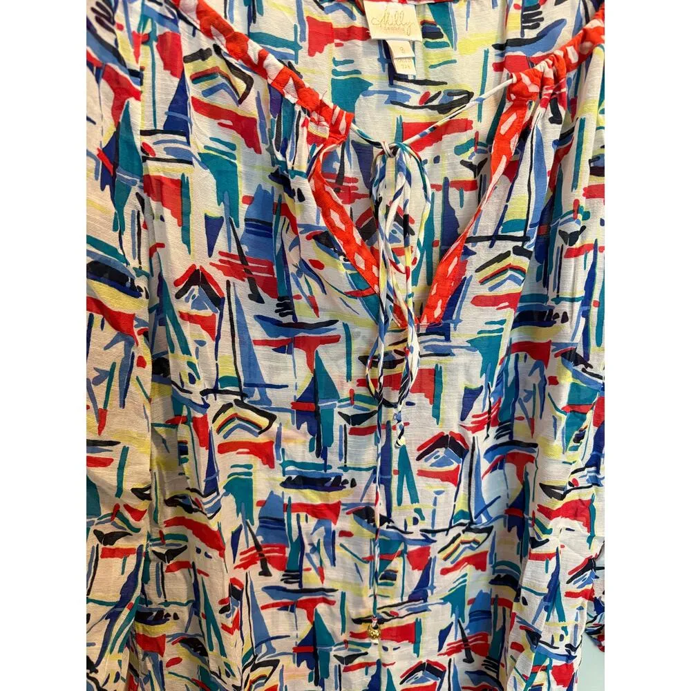 MILLY Cabana Silk Tunic Top Women’s Sz S Sailboat Multi Swim Coverup Resortwear - Image 2