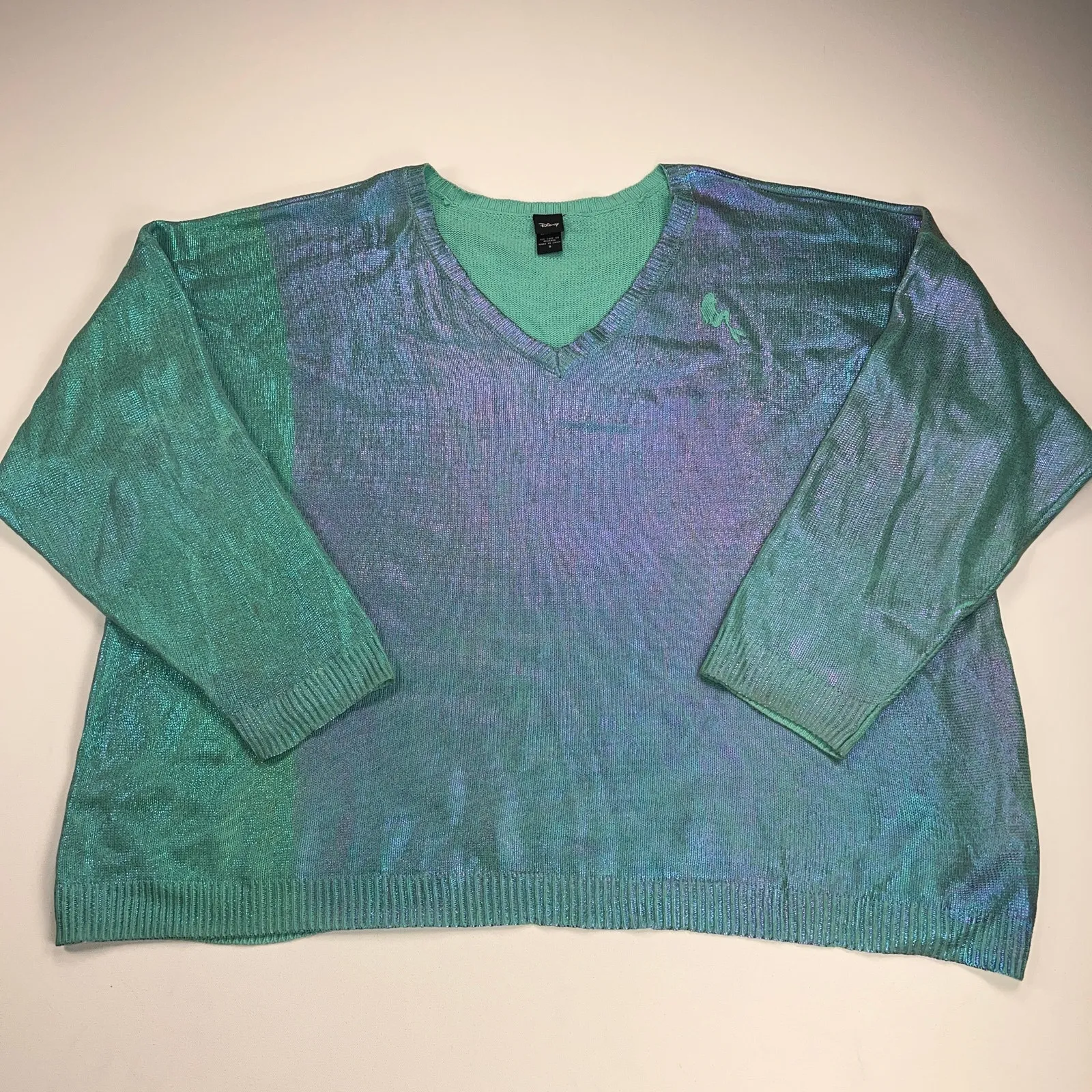 Disney Little Mermaid Iridescent Coated V-Neck Sweater Turquoise Lilac Size 5X - Image 2