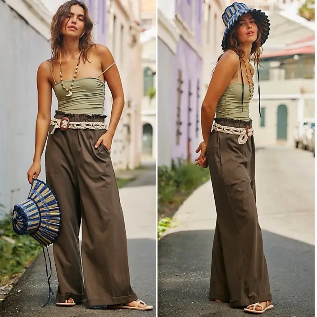 Free People Palma Pants in Pewter Green Wide Leg Trousers Size Small - Image 2
