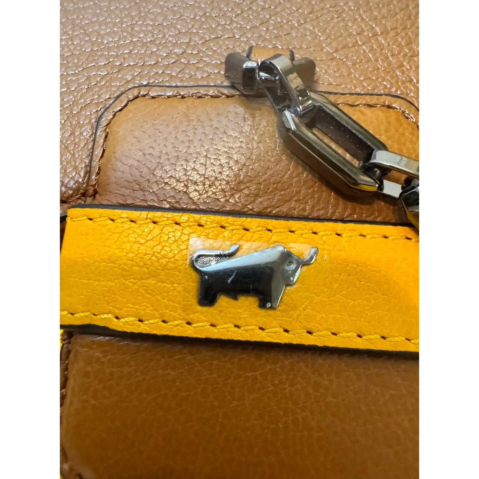 New Braun Buffel Colorblock Leather Satchel Frida Bag Top Handle Chain Accent Blue - Image 5