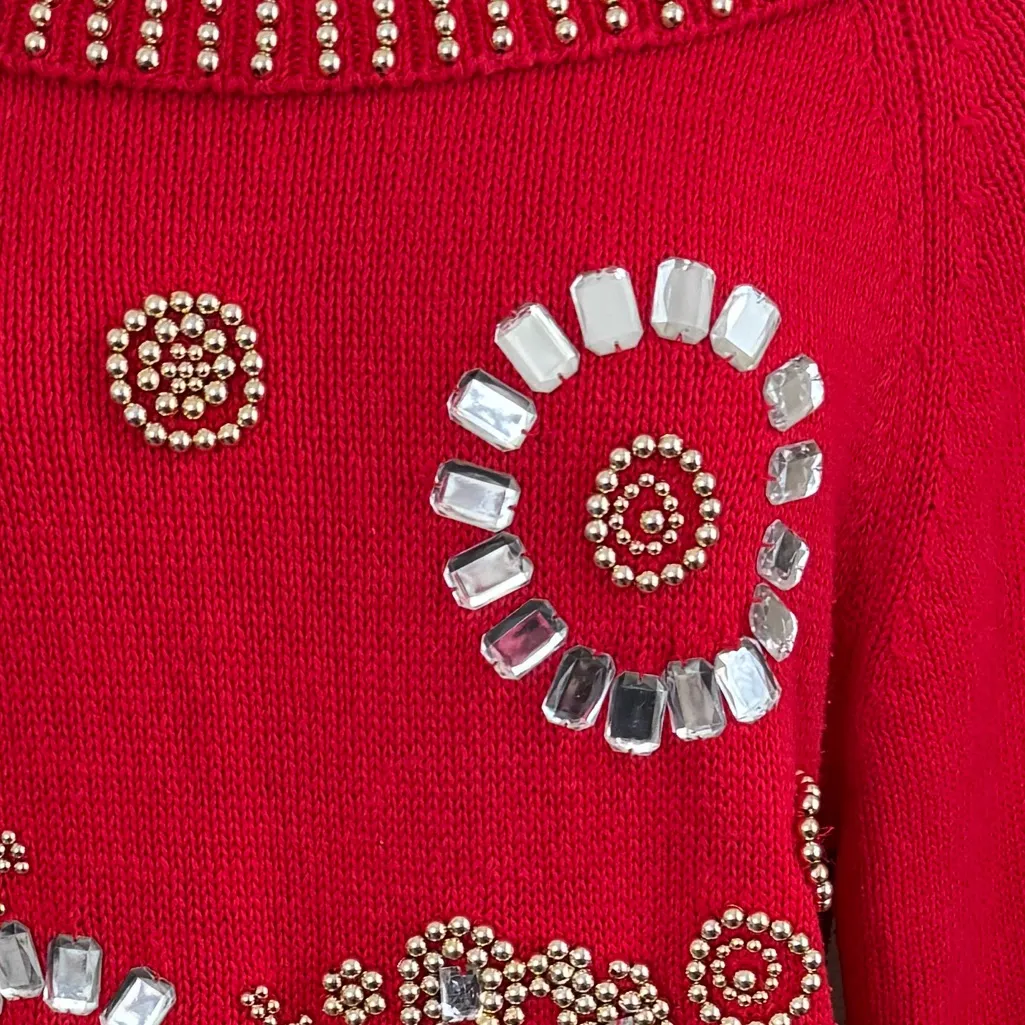 Vintage Red Beaded Sweater Ramie Cotton Holiday Glam Statement Knit medium - Image 3