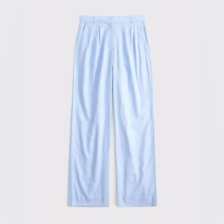 Abercrombie Curve Love Sloane Low Rise Wide Leg Tailored Linen Pant 32L Sky Blue - Image 4