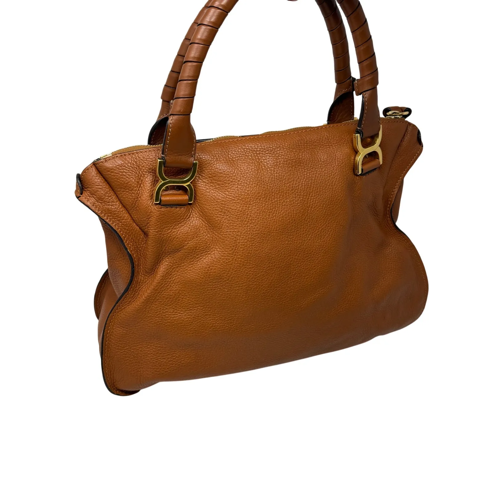 Chloe Large Marcie Pebbled Leather Satchel Bag Tan Cognac Gold Hardware w COA - Image 5