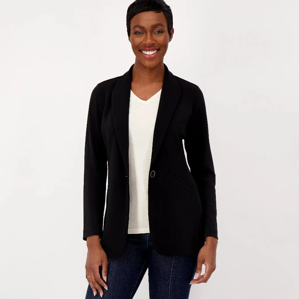 Susan Graver Solid Black LK Fusion Revere Collar Blazer Women's Size 3X Stretch - Image 3