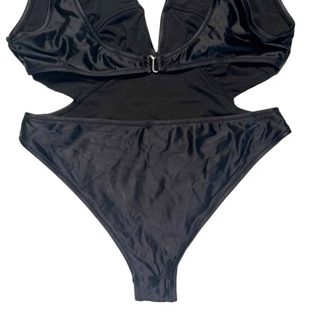 Womens Swimsuit One Piece Black Size Large Cutout Plunging Neck High Thigh Sexy - Image 4
