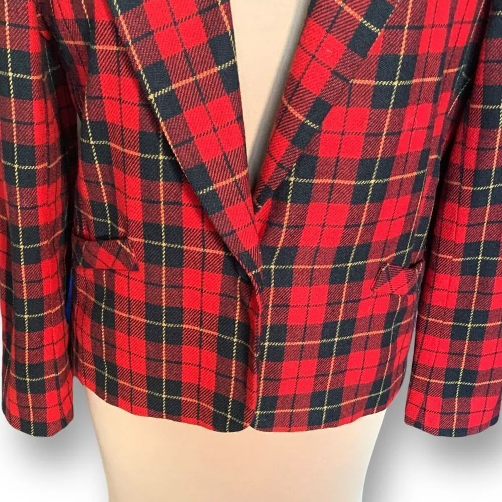 Vintage Alfred Dunner Petite Blazer Jacket Red Black Plaid Velvet Collar Preppy Size 12P - Image 3
