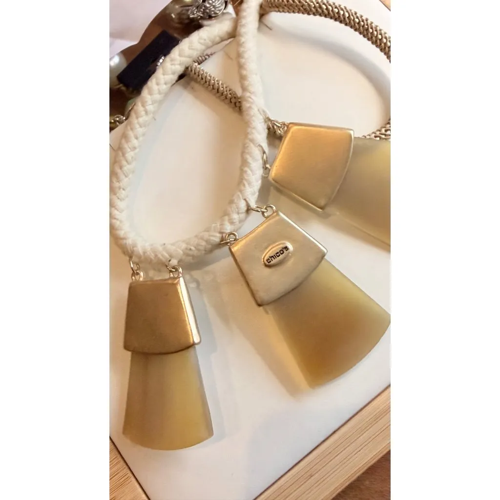 Chicos Statement Necklace With Braided Rope Gold Chains & Faux Turquoise Accents - Image 6