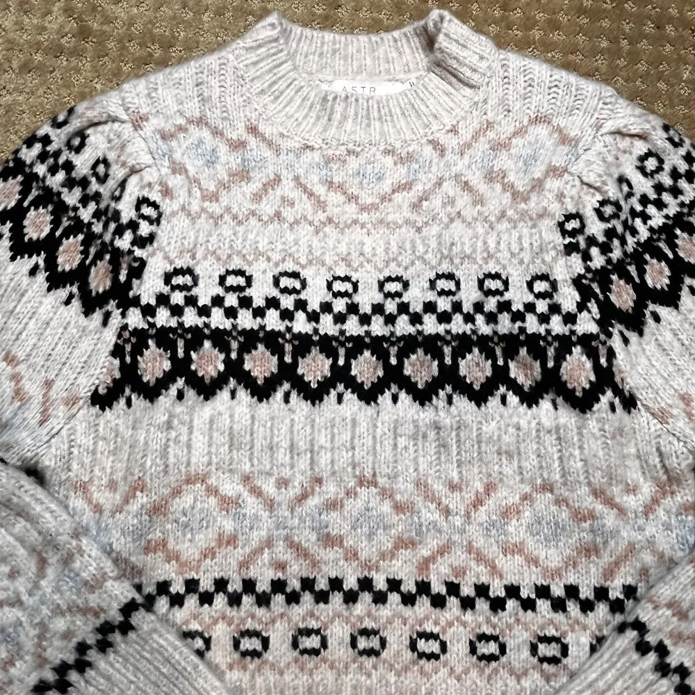 ASTR Maria Fair Isle Sweater Ivory/black SZ L Cabin Cozy Ski Winter Wool Apres - Image 3