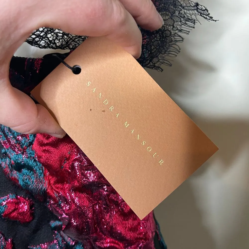 NWT Sandra Mansour jacquard pink roses mini black dress sz 34 US XS - Image 9