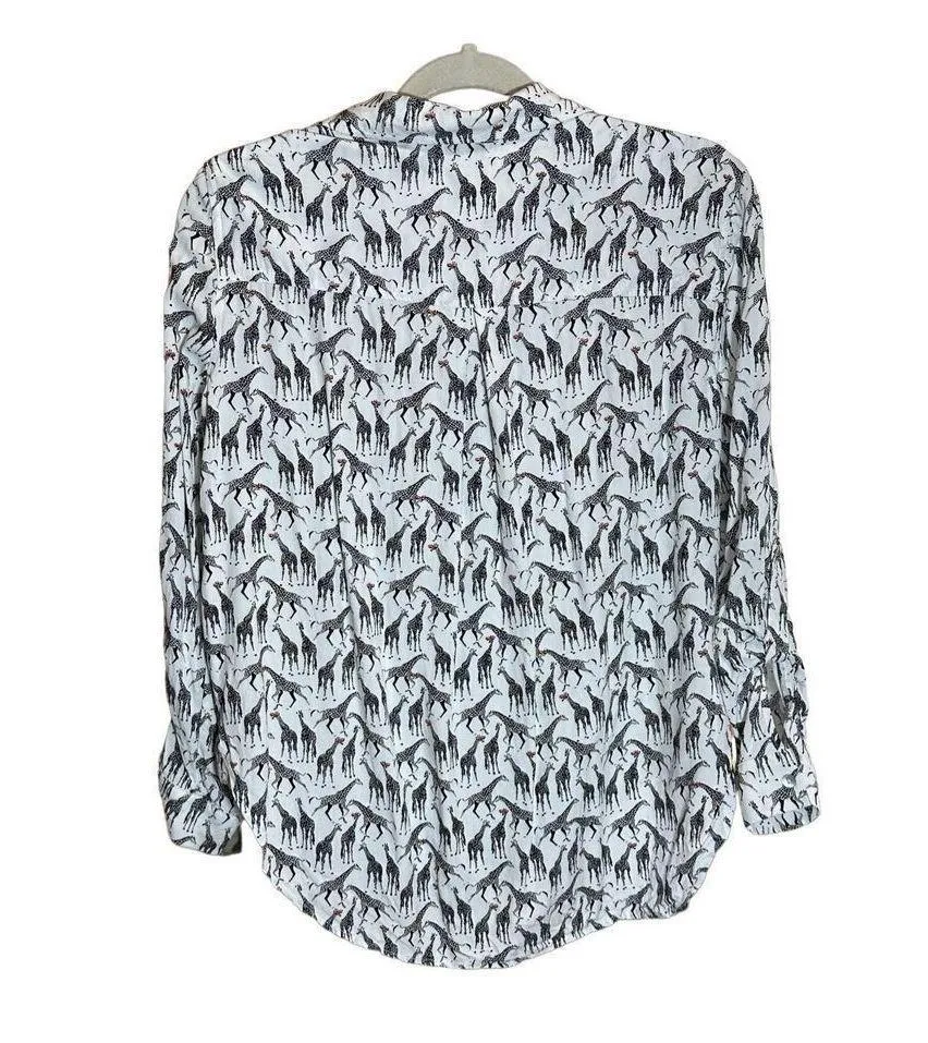 Jane & Delancey Giraffe Print Roll Tab Sleeve Button Front Collared Top Blouse s - Image 2