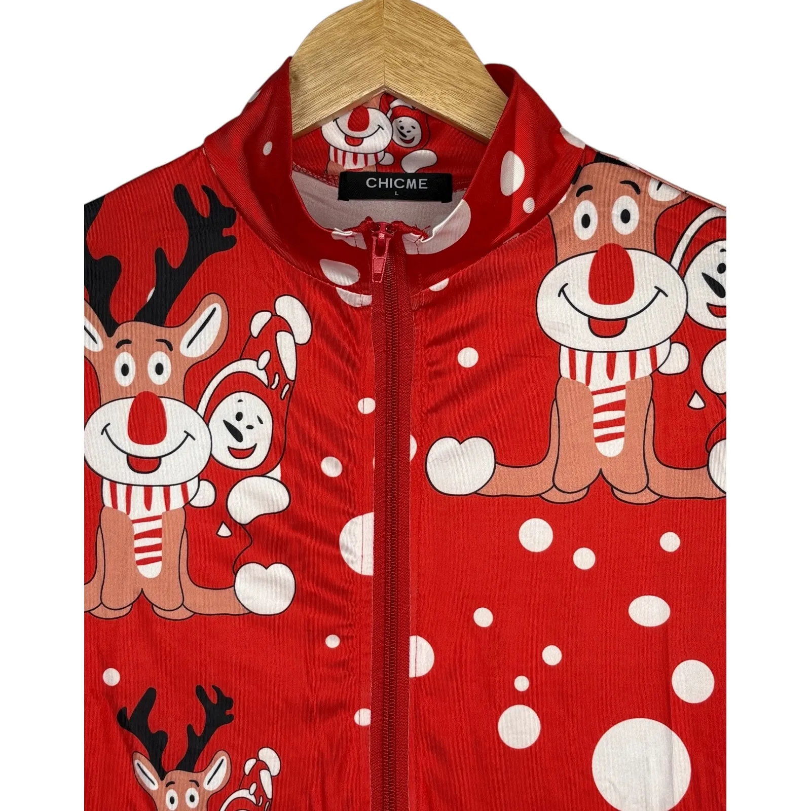 ChicMe Christmas Reindeer Snowman Print Zipper‎ Long Sleeve Bodysuit Women Large Red Size undefined - Image 3