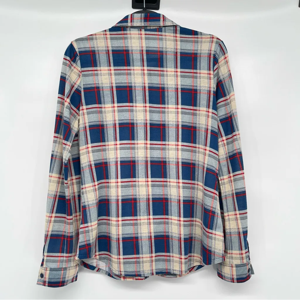 RNB Long Sleeve Button Down Women Medium Chest Pocket Sleeve Roll Tabs Plaid Blue - Image 9
