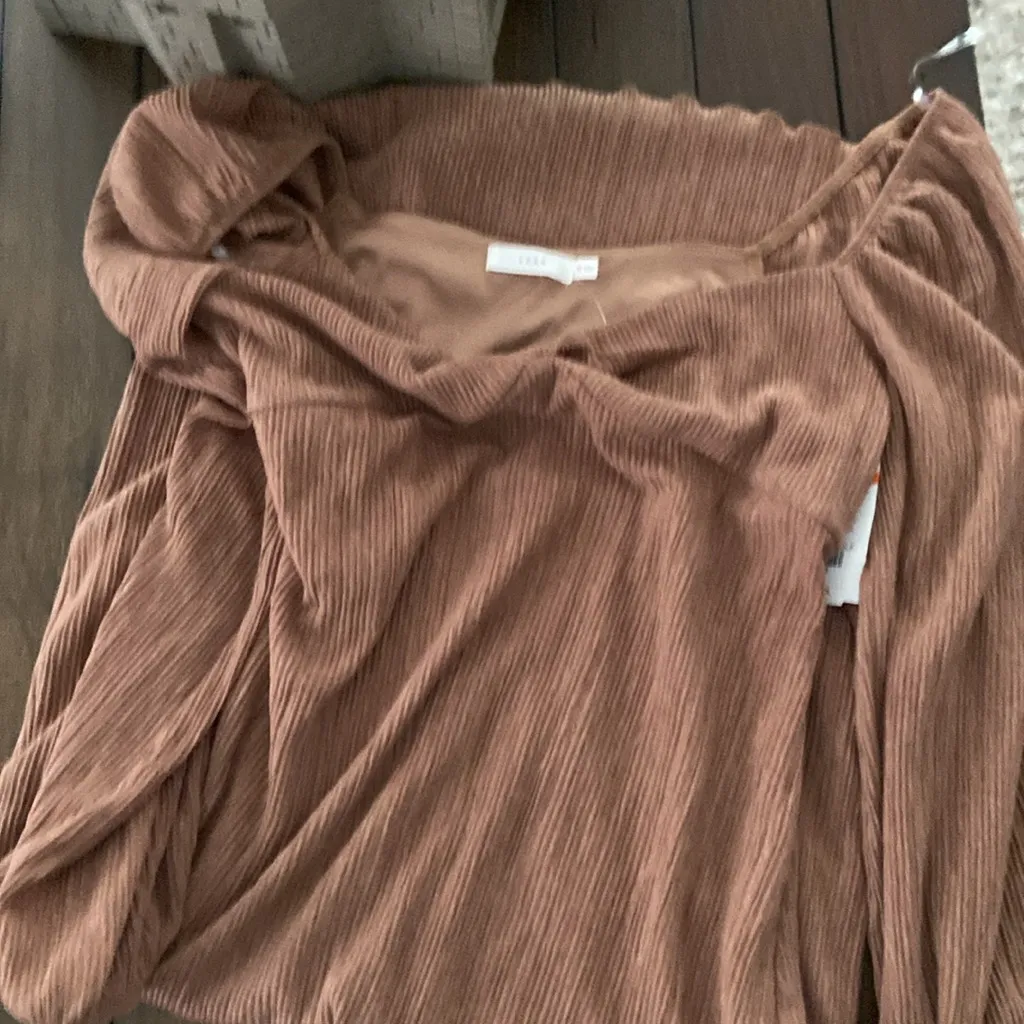 NWOT Lush Twist Front Long Sleeve Plissé
Midi Dress In Tan - Image 3