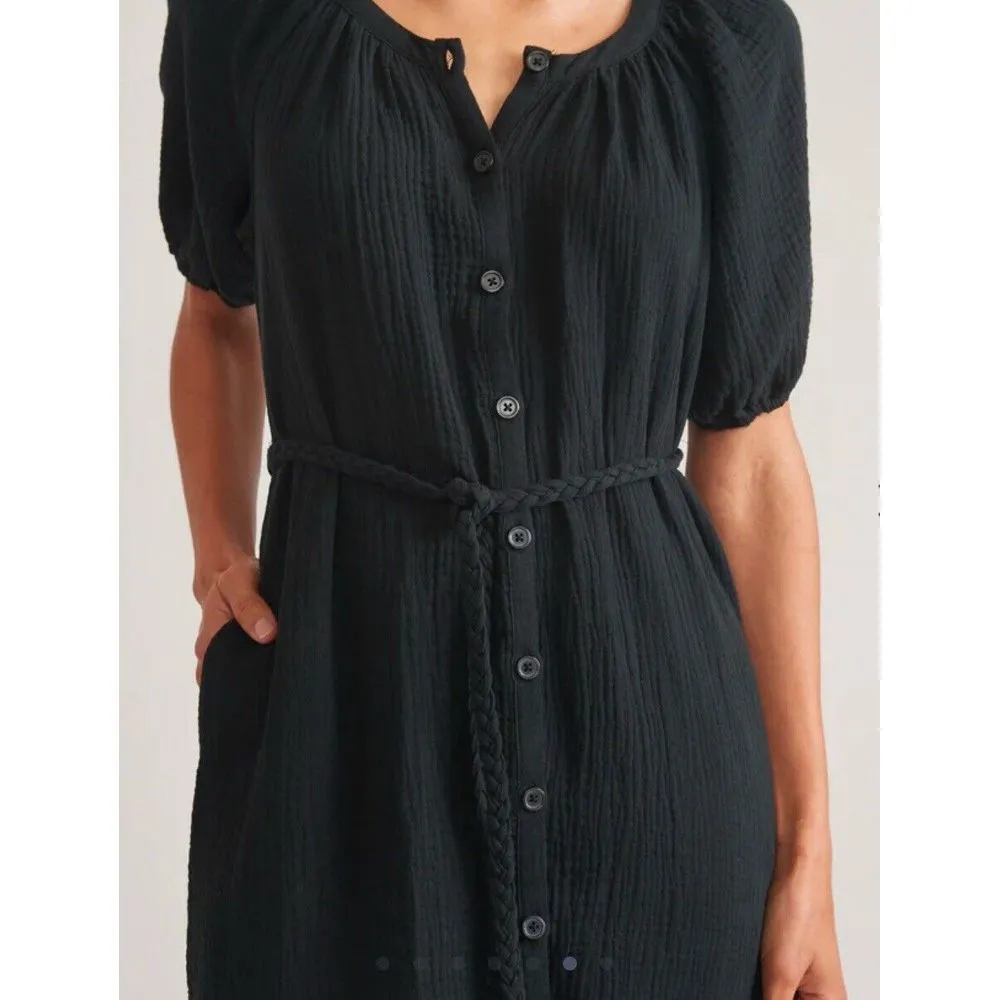 Marine Layer Erin Shirt Dress‎ Cotton Black Midi Belted XSMALL Gauze Puff Sleeve - Image 5